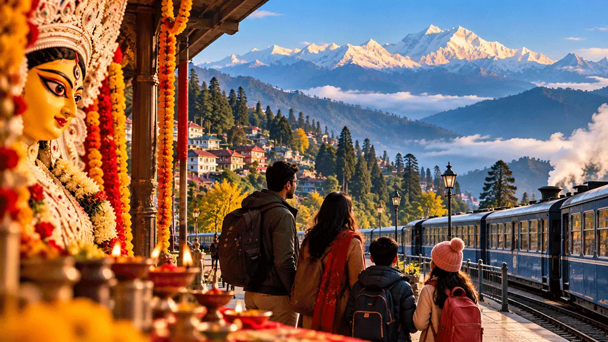 Indian family beginning a Durga Puja holiday journey by mountain railway with Himalayan views